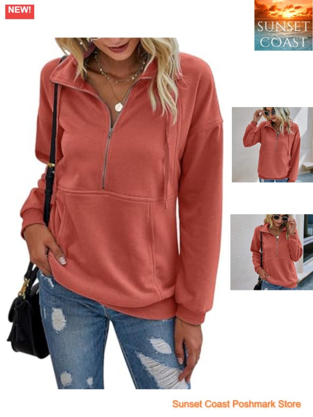 Half Zip Pullover Sweatshirt Long Sleeve Collared Pocket Loose Fit Casual